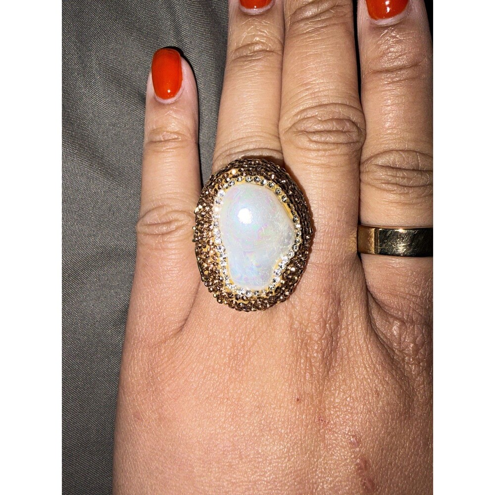 Large Faux Baroque Pearl Adjustable Statement Cocktail Ring Gold Tone Rhinestone